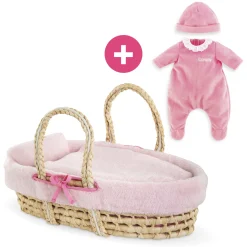 Couffin Tressé Peluche Rose et Pyjama pour poupon 36 cm
