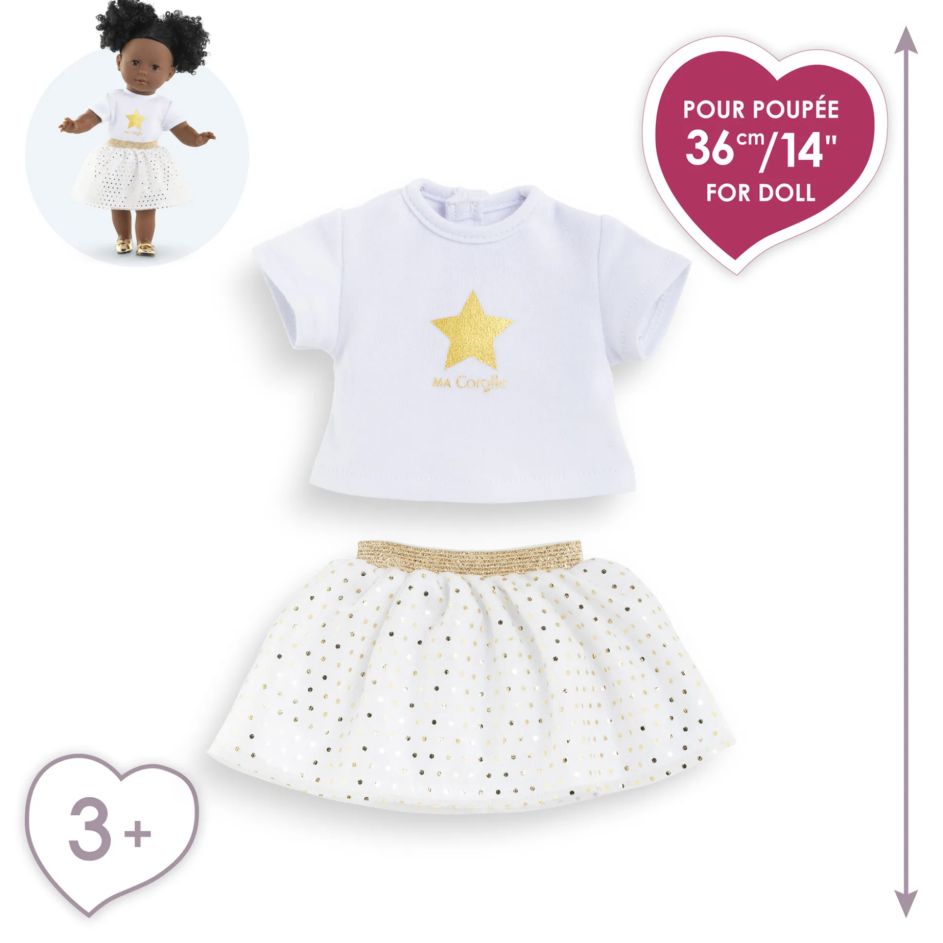 Ensemble Jupe & T Shirt Ivoire et Or pour poupée ma Corolle